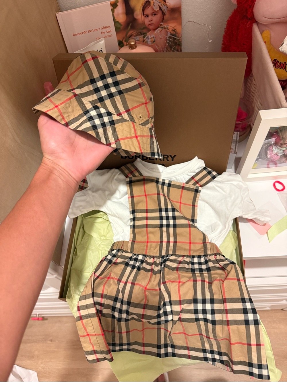Burberry Tan Check Kids Pinafore Dress with Matching Bucket Hat